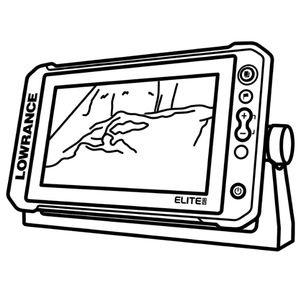 Black and white line drawing of a Lowrance Elite fishfinder on a white background