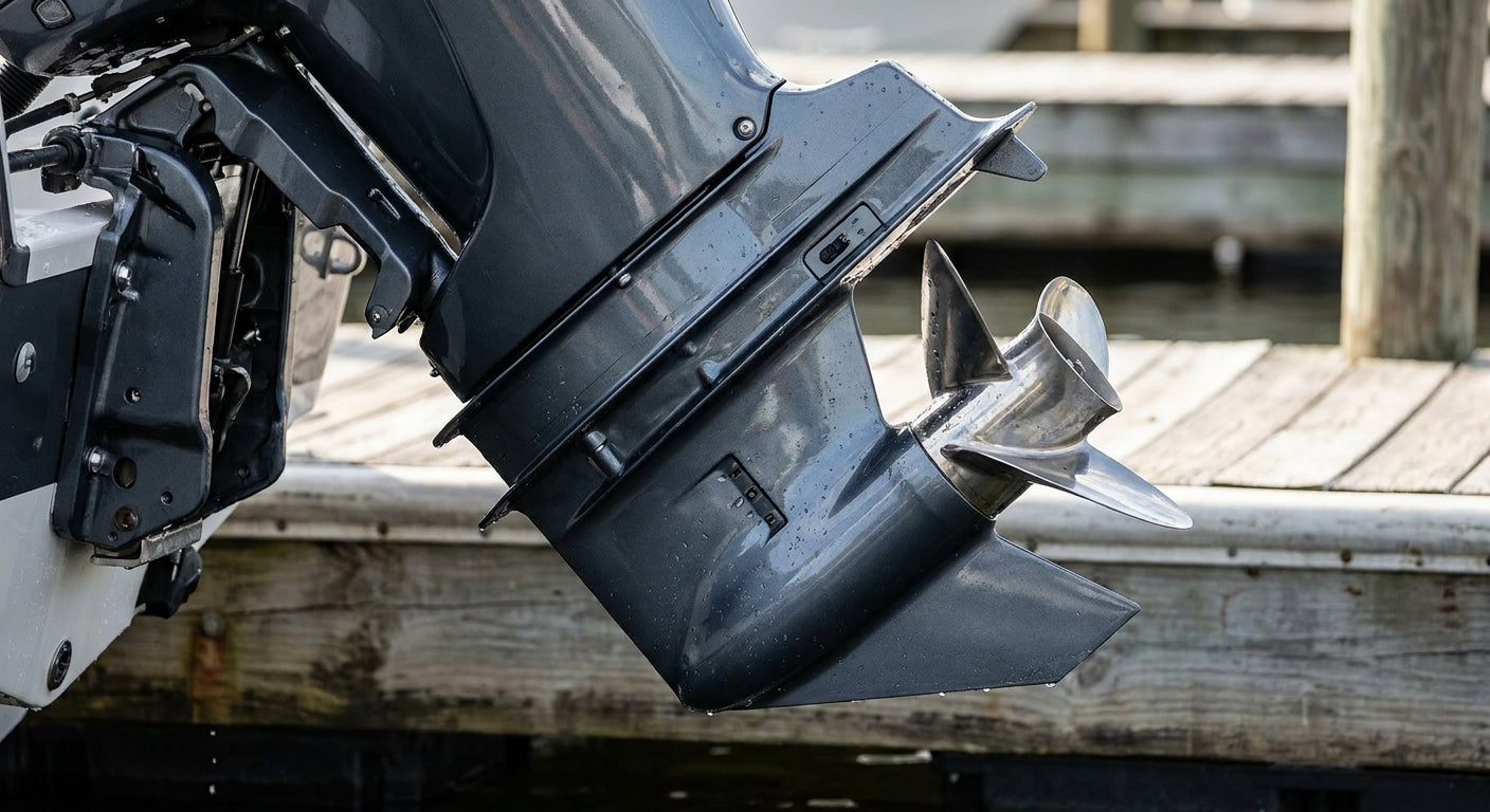 Outboard engine on the back of a boat being backed down the boat ramp 