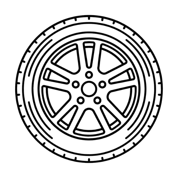 Black and white line drawing of a car wheel rim